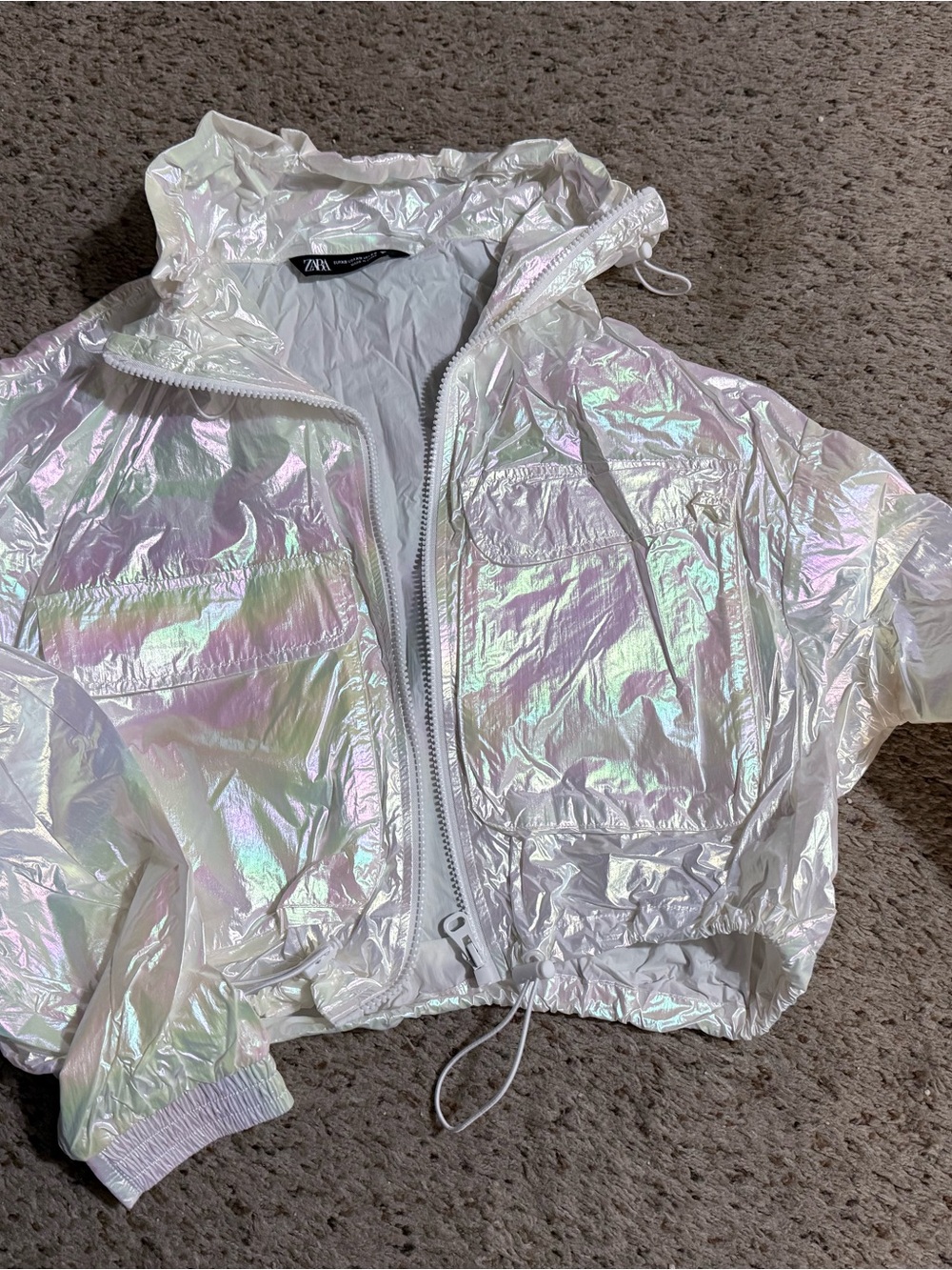 Zara Iridescent Holographic Cropped Windbreaker Jacket
